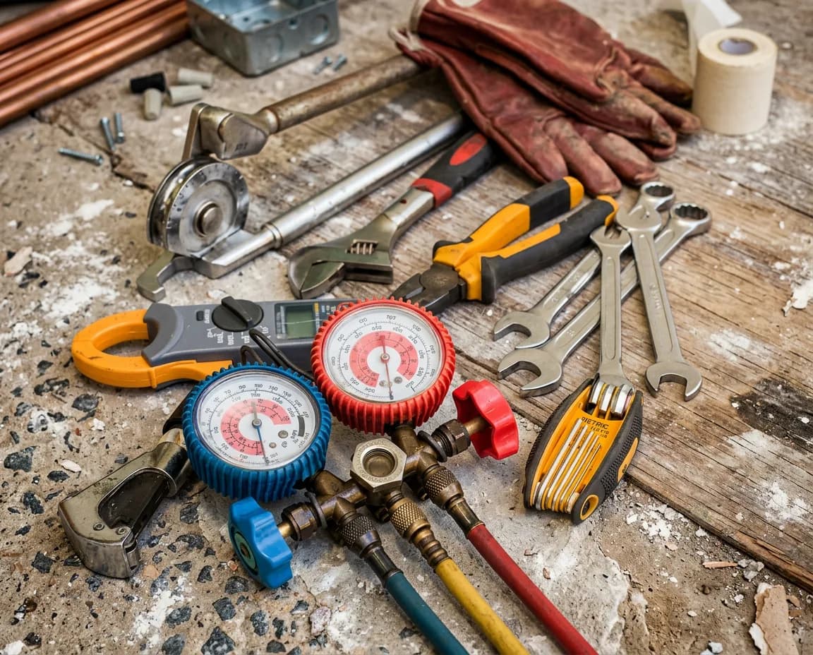 HVAC tools and pressure gauges used for system diagnostics