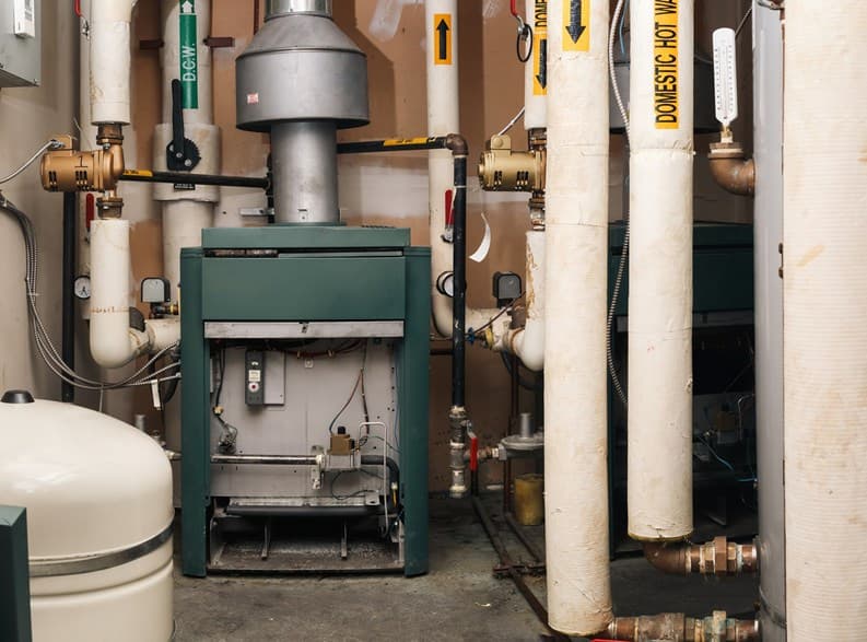 Commercial boiler room with piping and expansion tank