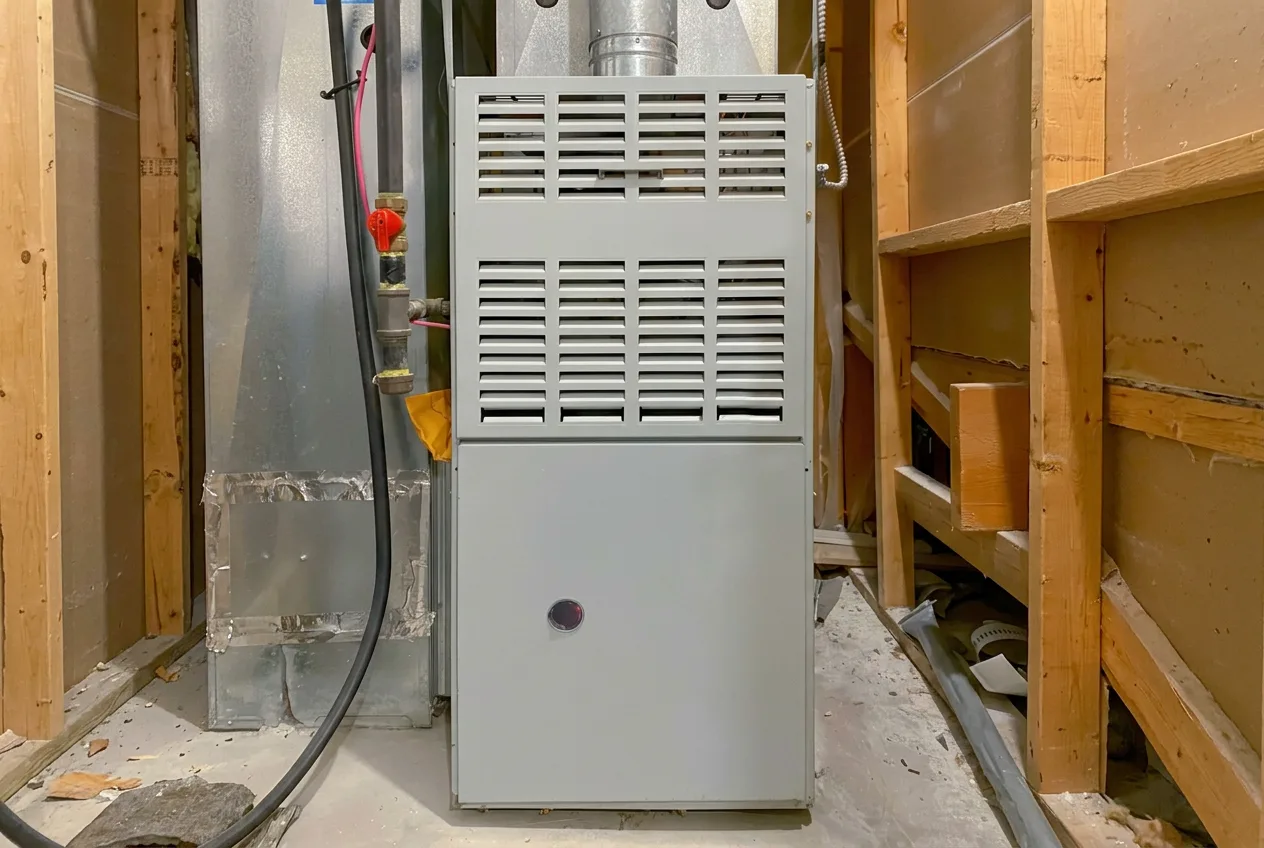 Residential gas furnace unit in a utility room
