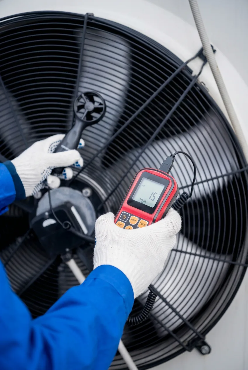 Technician using a diagnostic meter on an HVAC condenser fan motor