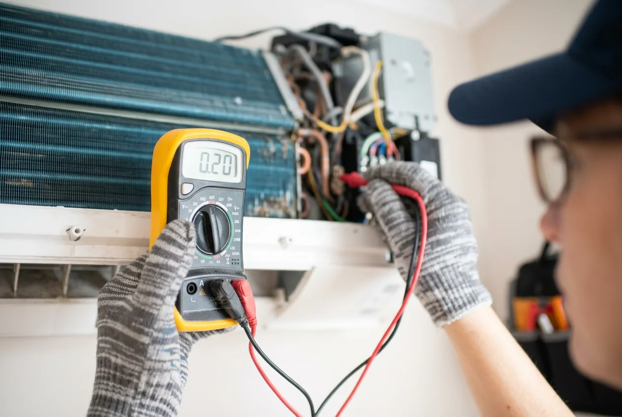 HVAC technician using a multimeter to diagnose a mini-split unit