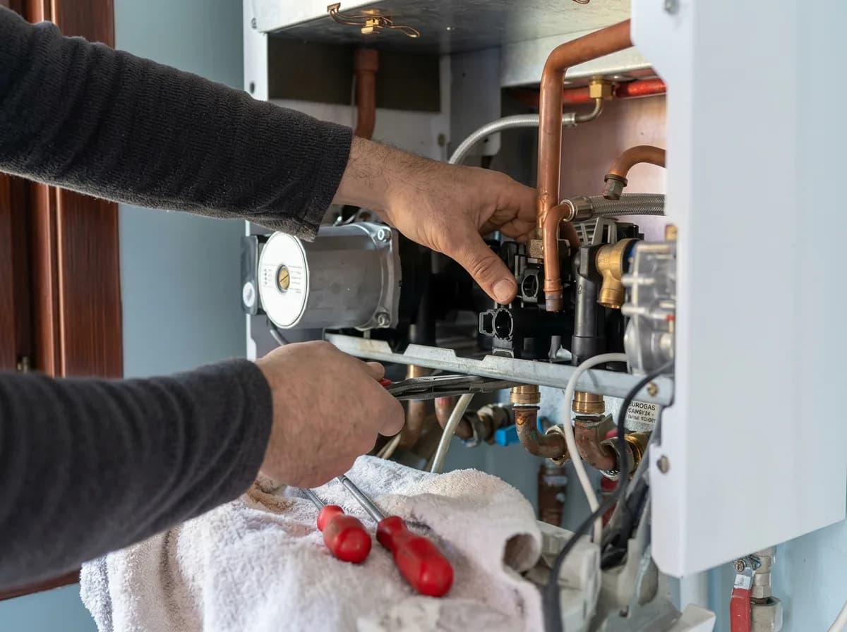 Technician repairing a tankless water heater with copper piping and valves